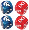 Two red and two blue 19mm dice. (5111)